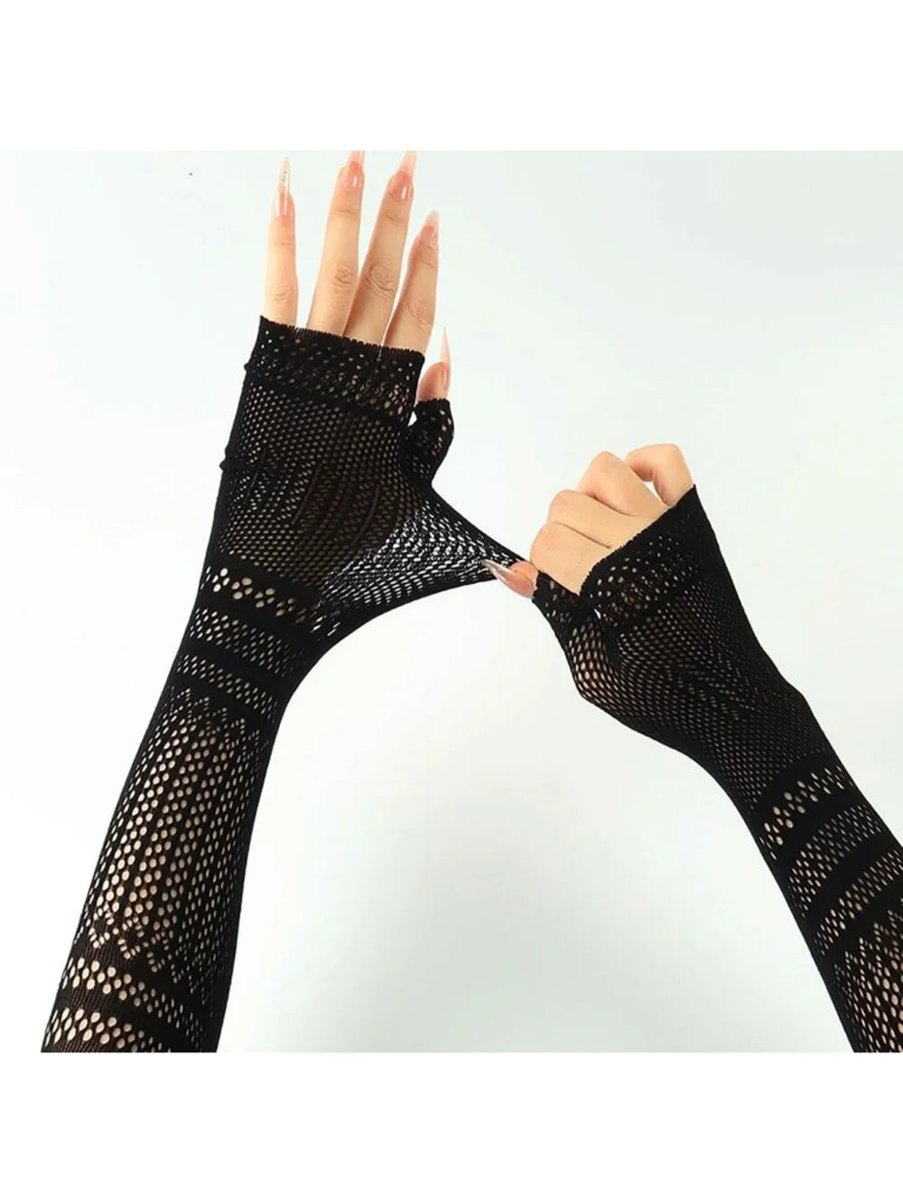 Women's Black Patterned Fishnet Long Fingerless Mesh Gothic Gloves Party